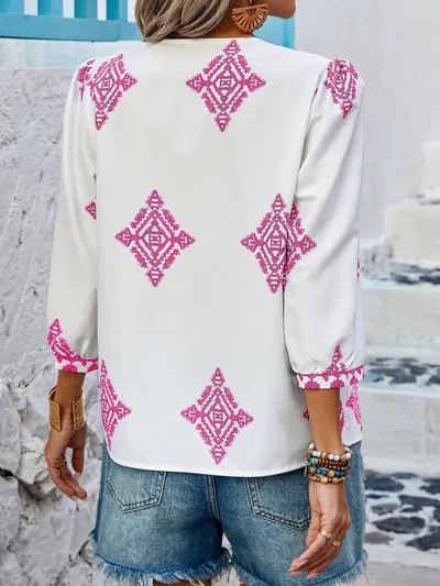 Fashion Printed Bags Three-quarter Sleeve V-neck Women's Blouse