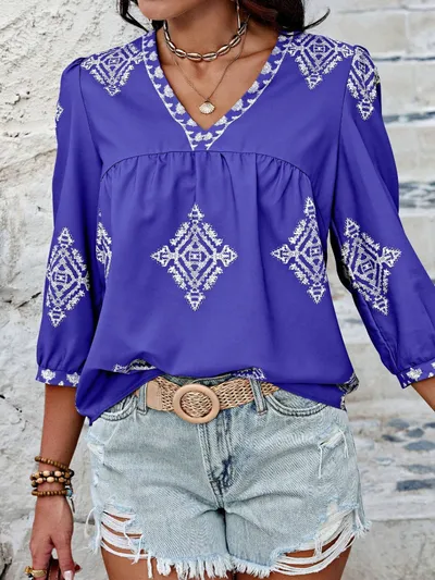 Fashion Printed Bags Three-quarter Sleeve V-neck Women's Blouse