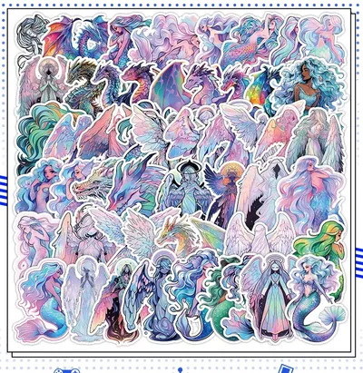 50 Sheets Angel Mermaid Holographic Graffiti Sticker Water Cup Luggage Case Decorative Waterproof Creative Journal