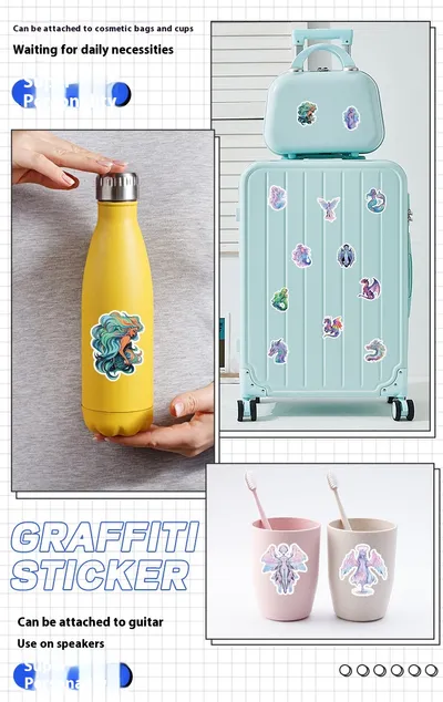 50 Sheets Angel Mermaid Holographic Graffiti Sticker Water Cup Luggage Case Decorative Waterproof Creative Journal