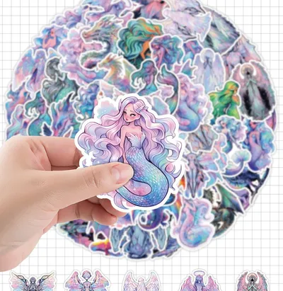 50 Sheets Angel Mermaid Holographic Graffiti Sticker Water Cup Luggage Case Decorative Waterproof Creative Journal