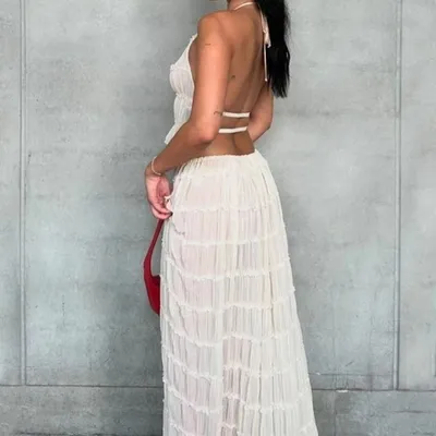 2pcs Women's Dress Suit Sexy Sleeveless Backless Cropped Halter Top And Pleated Long Skirt Beach Clothing
