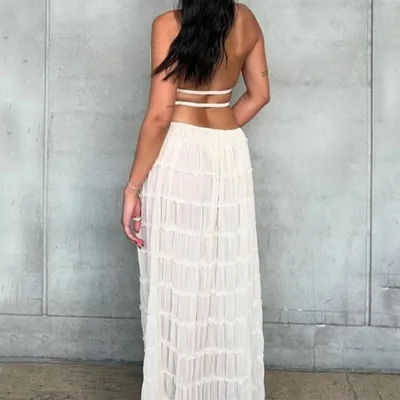 2pcs Women's Dress Suit Sexy Sleeveless Backless Cropped Halter Top And Pleated Long Skirt Beach Clothing