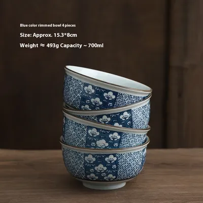 Large Capacity Restaurant Blue Edge Protection High Temperature Porcelain Underglaze Color Rice Bowl