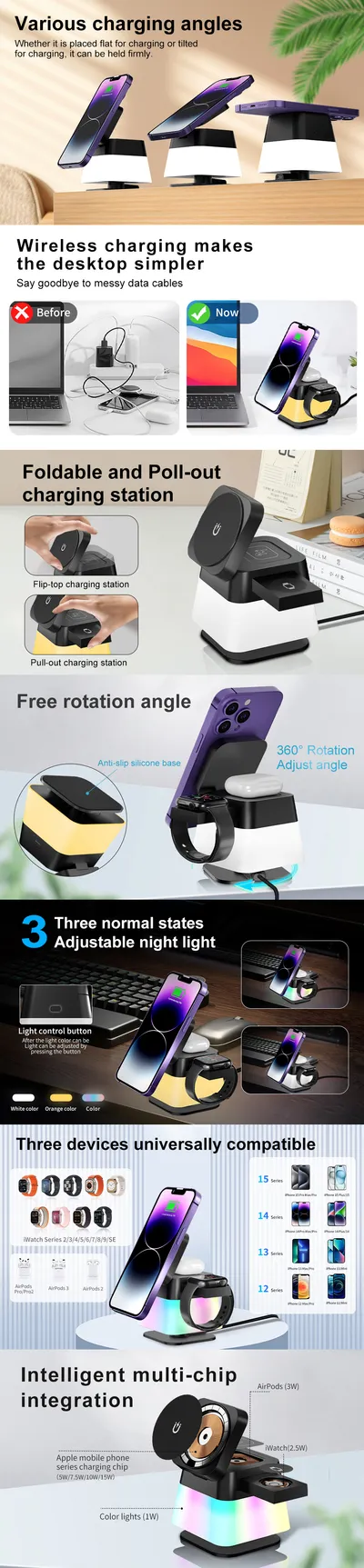 4 In 1 Rotatable Colorful Lighting Wireless Charger Stand For Phone 15 14 13 12 Pro Max 8 7 Holder Magnetic Fast Charging Station