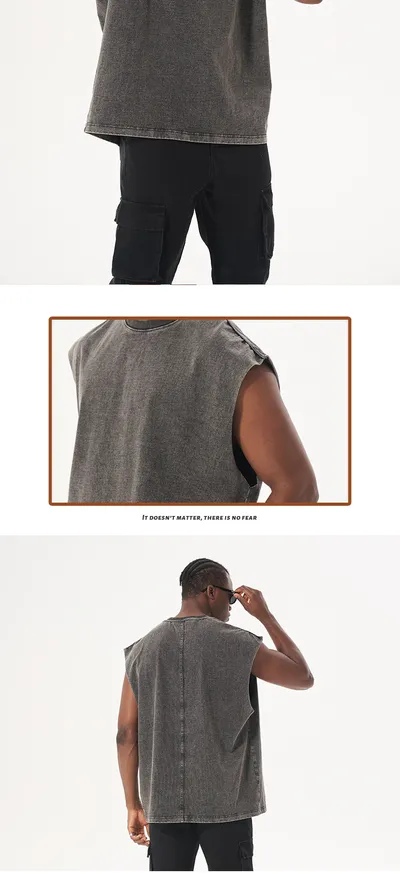 American-style Washed Distressed Loose Edge Sleeveless Vest Heavy Retro Fried Flower T-shirt