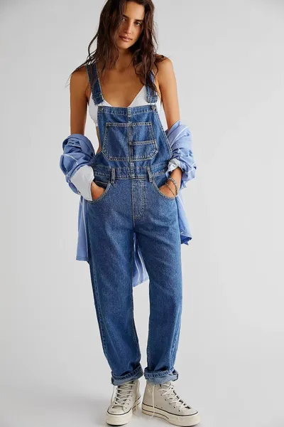 Women's High-Waisted Jumpsuit Overalls With Pockets Loose Fit Denim Trousers Casual Straight Leg Pants
