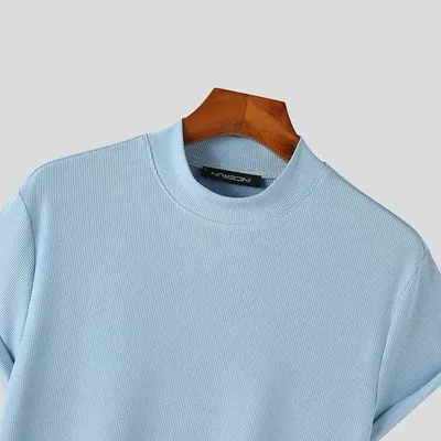 Men's American-style Pure Color Half Collar Thread Stretch T-shirt Top