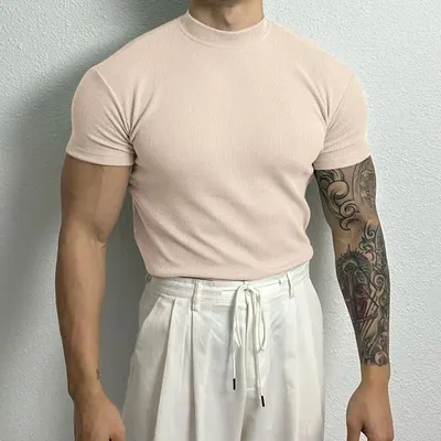 Men's American-style Pure Color Half Collar Thread Stretch T-shirt Top