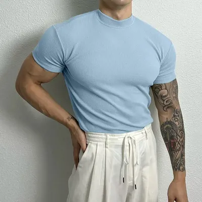 Men's American-style Pure Color Half Collar Thread Stretch T-shirt Top