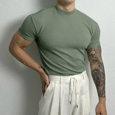 Men's American-style Pure Color Half Collar Thread Stretch T-shirt Top