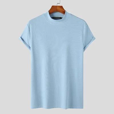 Men's American-style Pure Color Half Collar Thread Stretch T-shirt Top