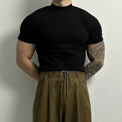 Men's American-style Pure Color Half Collar Thread Stretch T-shirt Top