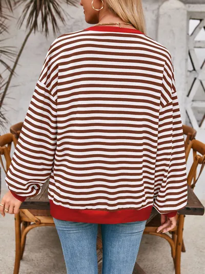 Loose Striped Long Sleeve T-shirt Casual Pullover Sweater For Womens Clothing