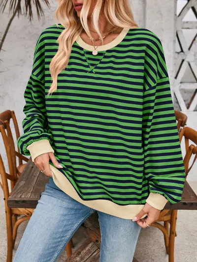 Loose Striped Long Sleeve T-shirt Casual Pullover Sweater For Womens Clothing