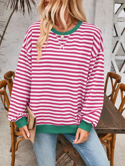 Loose Striped Long Sleeve T-shirt Casual Pullover Sweater For Womens Clothing