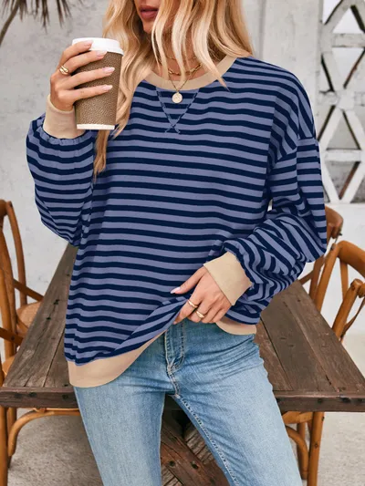 Loose Striped Long Sleeve T-shirt Casual Pullover Sweater For Womens Clothing