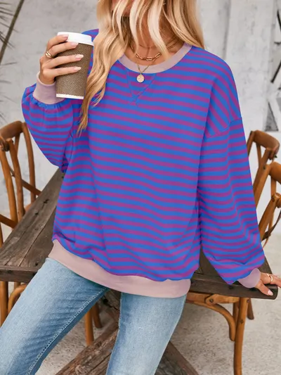 Loose Striped Long Sleeve T-shirt Casual Pullover Sweater For Womens Clothing