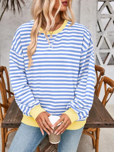 Loose Striped Long Sleeve T-shirt Casual Pullover Sweater For Womens Clothing