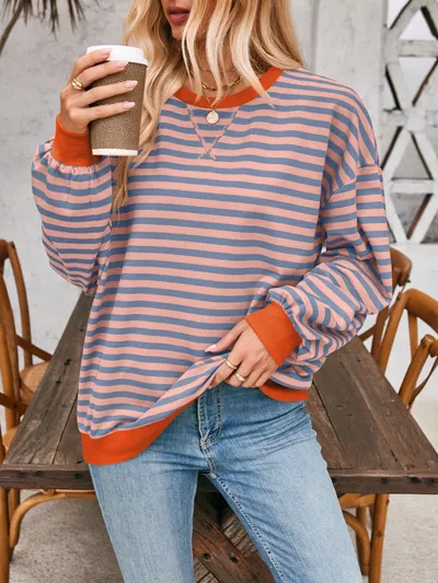 Loose Striped Long Sleeve T-shirt Casual Pullover Sweater For Womens Clothing
