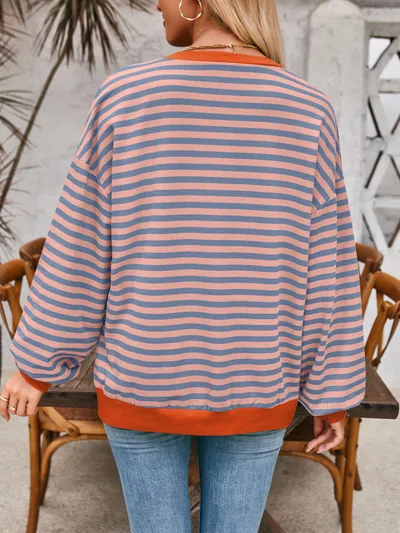 Loose Striped Long Sleeve T-shirt Casual Pullover Sweater For Womens Clothing