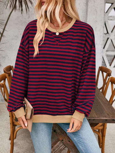 Loose Striped Long Sleeve T-shirt Casual Pullover Sweater For Womens Clothing