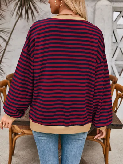 Loose Striped Long Sleeve T-shirt Casual Pullover Sweater For Womens Clothing