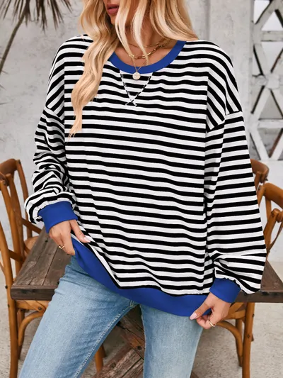 Loose Striped Long Sleeve T-shirt Casual Pullover Sweater For Womens Clothing