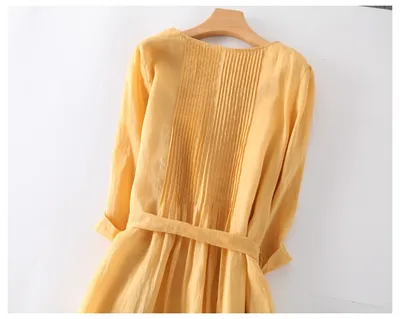 Artistic Retro Crew Neck Ramie Lace-up 34 Sleeve Slimming Purple Dress