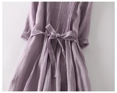 Artistic Retro Crew Neck Ramie Lace-up 34 Sleeve Slimming Purple Dress