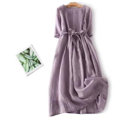 Artistic Retro Crew Neck Ramie Lace-up 34 Sleeve Slimming Purple Dress