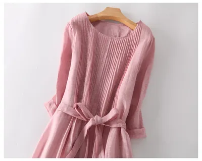 Artistic Retro Crew Neck Ramie Lace-up 34 Sleeve Slimming Purple Dress