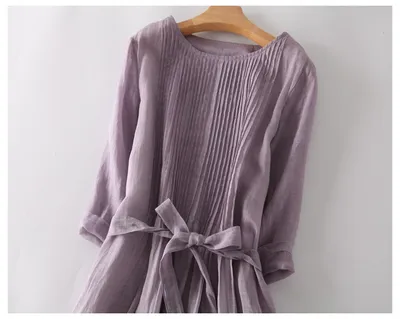 Artistic Retro Crew Neck Ramie Lace-up 34 Sleeve Slimming Purple Dress