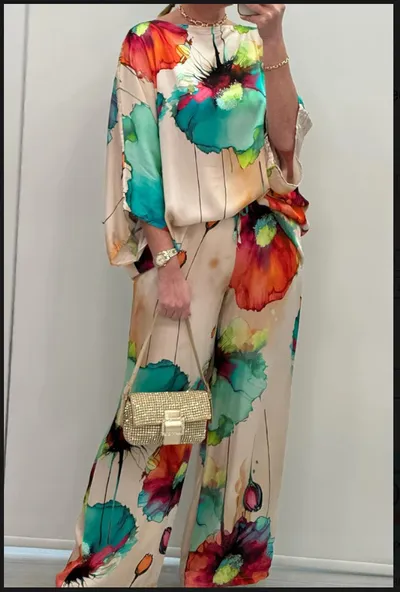 Indian Casual Round Neck Printed Satin Suit