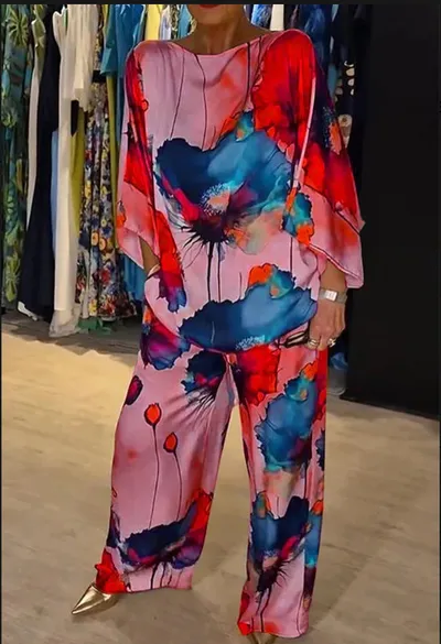 Indian Casual Round Neck Printed Satin Suit