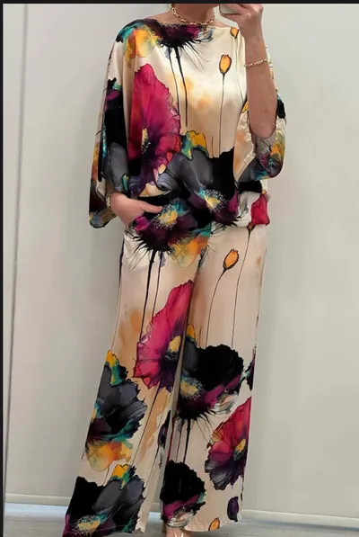 Indian Casual Round Neck Printed Satin Suit