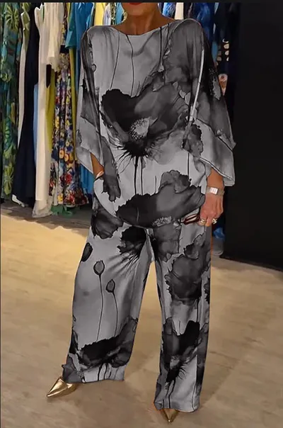 Indian Casual Round Neck Printed Satin Suit