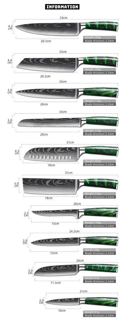 Green Resin Handle Damascus Laser Grain Knife