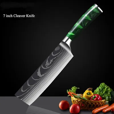 Green Resin Handle Damascus Laser Grain Knife