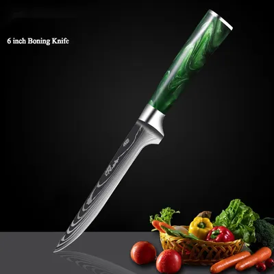 Green Resin Handle Damascus Laser Grain Knife