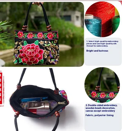 Ethnic Style Embroidered Handbag Wooden Bead Lace Bag