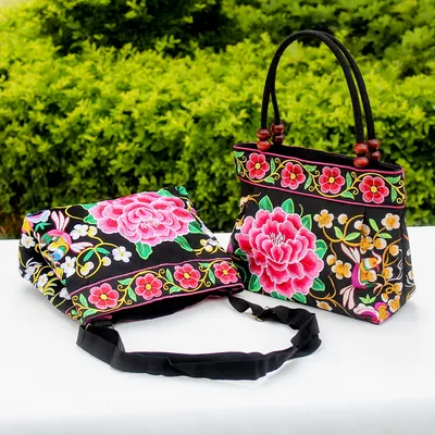 Ethnic Style Embroidered Handbag Wooden Bead Lace Bag