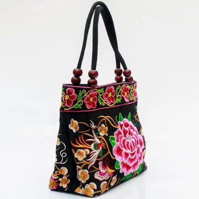 Ethnic Style Embroidered Handbag Wooden Bead Lace Bag
