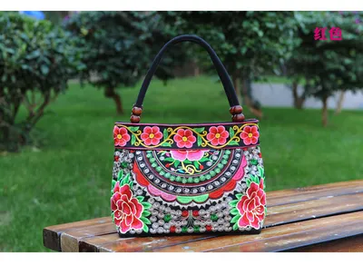 Ethnic Style Embroidered Handbag Wooden Bead Lace Bag