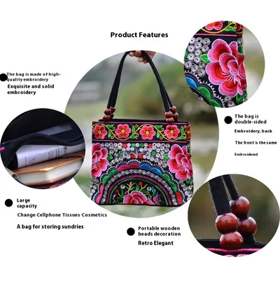 Ethnic Style Embroidered Handbag Wooden Bead Lace Bag