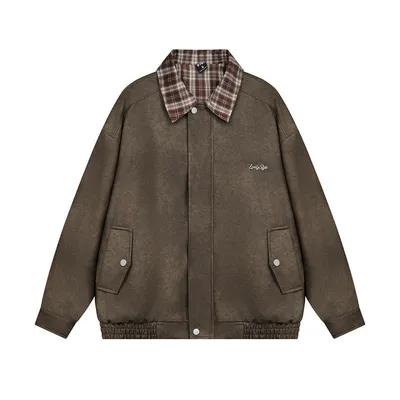 Stitching Plaid Lapel Leather Coat Men