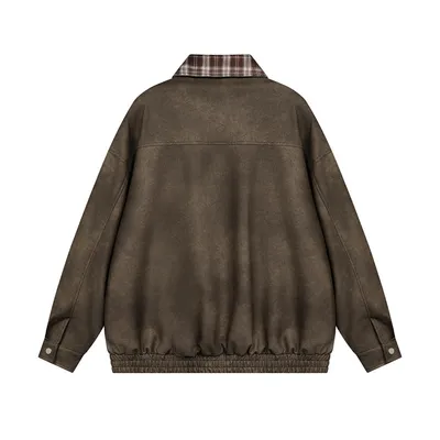 Stitching Plaid Lapel Leather Coat Men