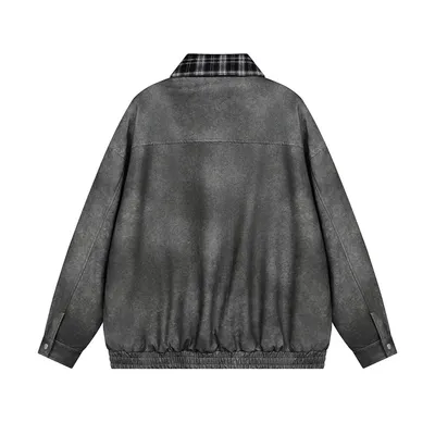 Stitching Plaid Lapel Leather Coat Men