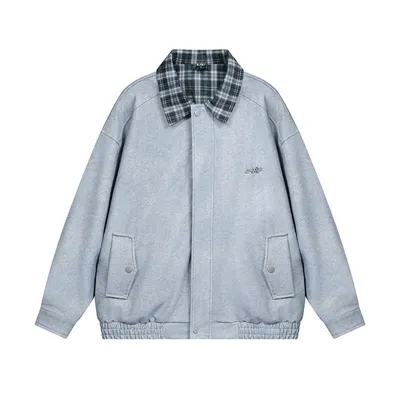 Stitching Plaid Lapel Leather Coat Men