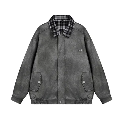 Stitching Plaid Lapel Leather Coat Men